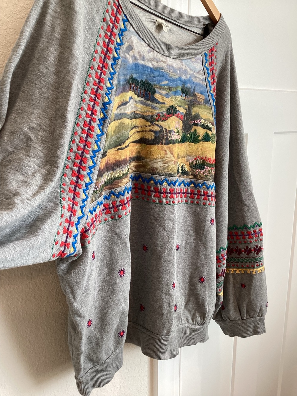 🏜️Anthropologie Embroidered Pullover Sweatshirt Pilcro New Grey XL Landscape - Picture 8 of 14